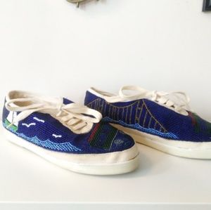 Vintage 80s/90s Beadz Beaded Tennis Shoes Blue with San Francisco Theme Trolleys